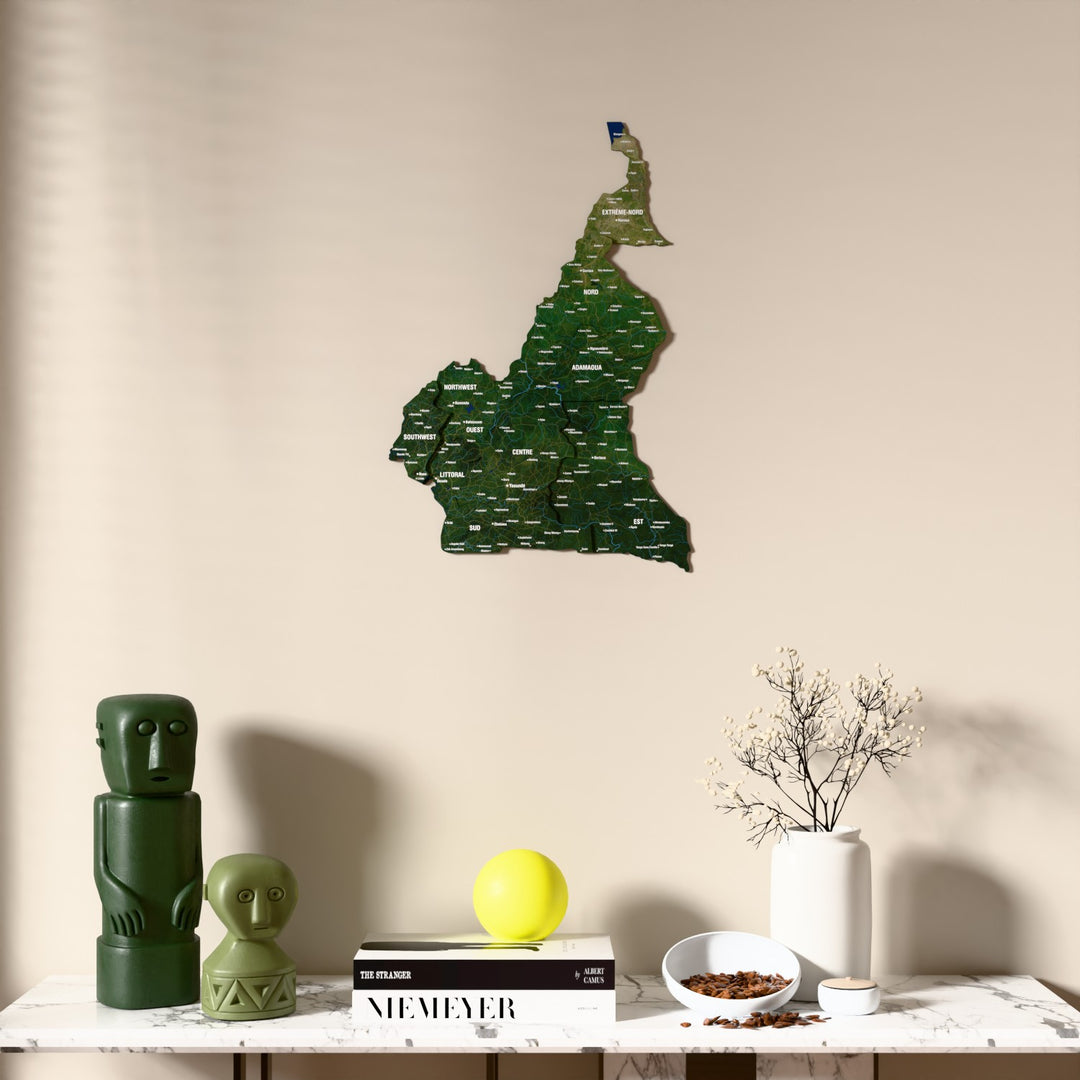 Satellite Cameroon wooden wall map above a marble console, front view