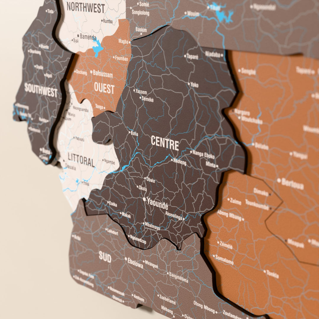 Close-up of the Soil Cameroon wooden wall map with layered regions and printed names