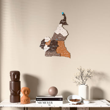 Soil Cameroon wooden wall map above a marble console, front view