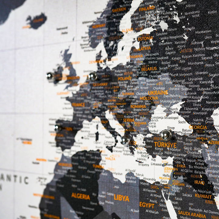 Modern Monochrome Black and Grey Canvas World Map - Journeys
