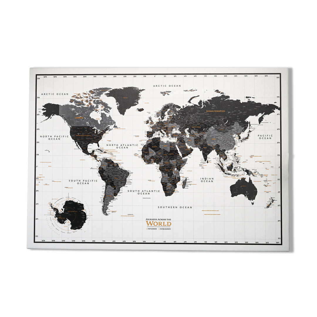 Modern Monochrome Black and Grey Canvas World Map - Journeys