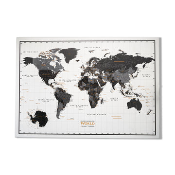 Black and gray canvas world map with a white border on a plain white background, angled view