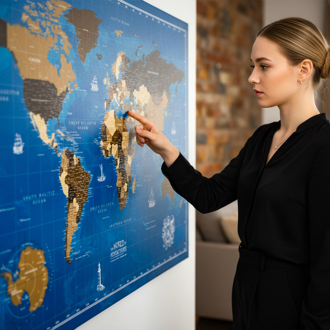 Navy Blue Ocean Canvas World Map Wall Art - The World of Adventures