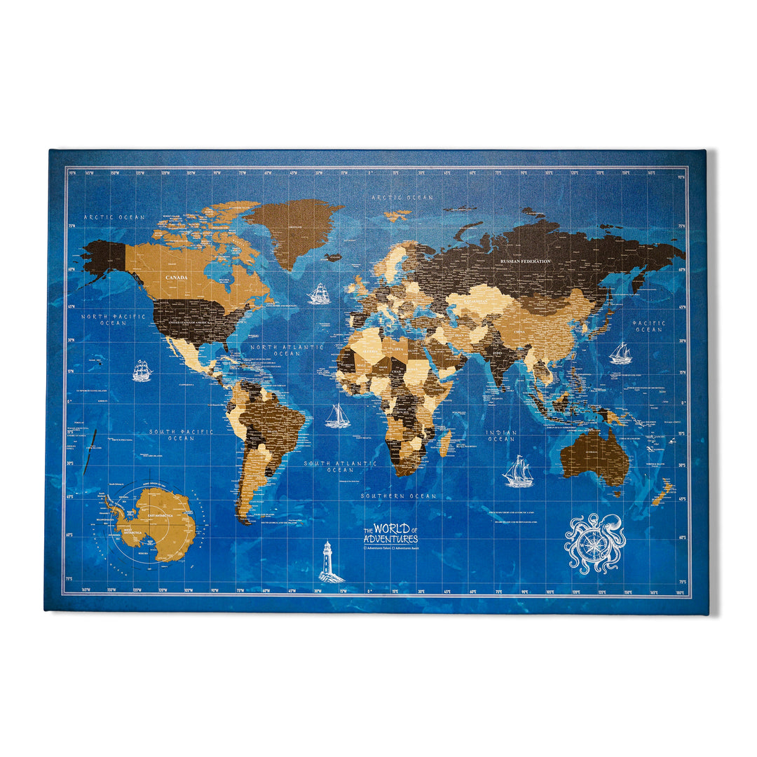 Navy Blue Ocean Canvas World Map Wall Art - The World of Adventures
