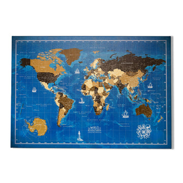 Navy blue ocean canvas world map with a white border on a plain white background