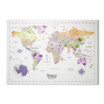 Watercolor world map canvas on a white background, front view with Antarctica and compass rose