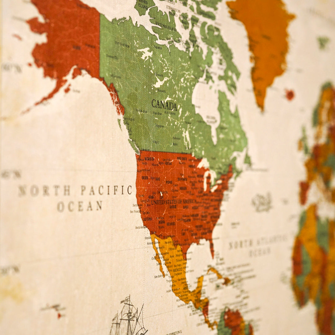 Retro Style Grunge Canvas World Map with Earthy Tones - The World of Discovery