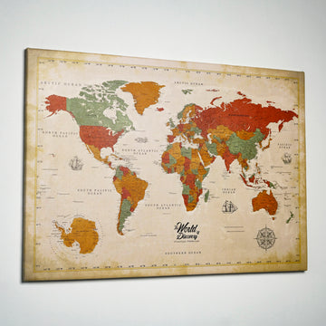 Retro Style Grunge Canvas World Map with Earthy Tones - The World of Discovery