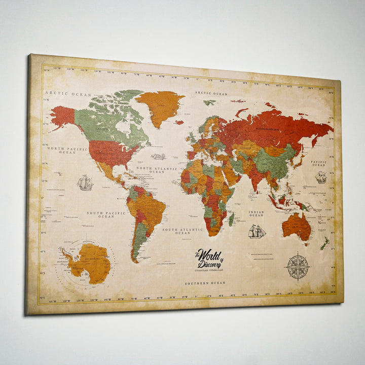 Retro Style Grunge Canvas World Map with Earthy Tones - The World of Discovery