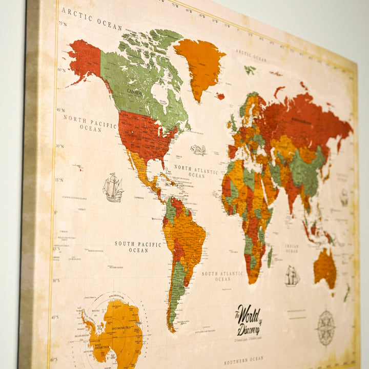 Retro Style Grunge Canvas World Map with Earthy Tones - The World of Discovery