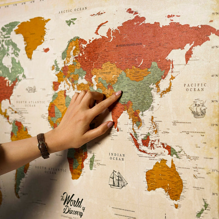 Retro Style Grunge Canvas World Map with Earthy Tones - The World of Discovery