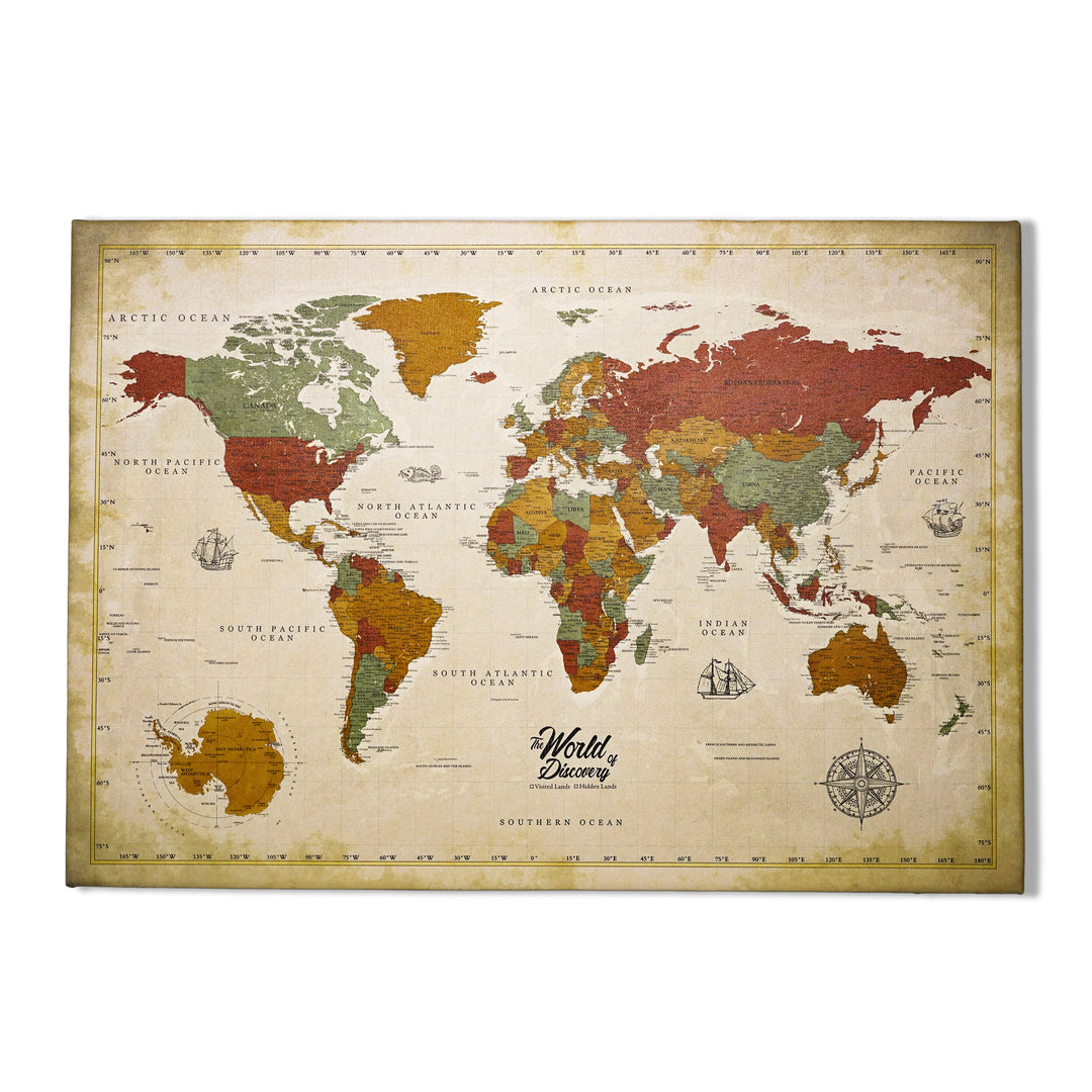 Retro Style Grunge Canvas World Map with Earthy Tones - The World of Discovery