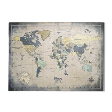 Muted vintage world map canvas on a white background, front view with Antarctica and a compass rose