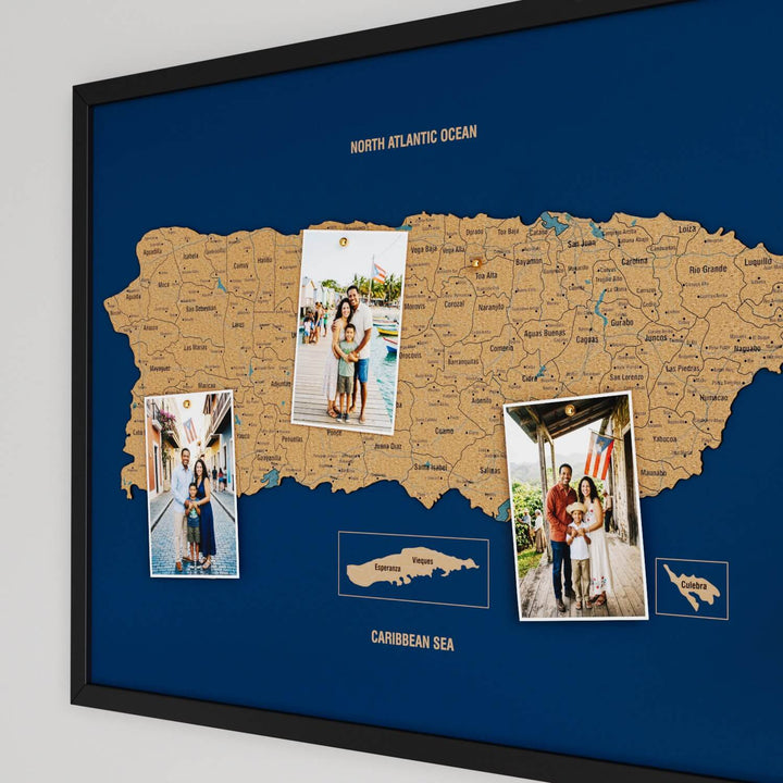 Framed Puerto Rico Cork Wall Map Decor