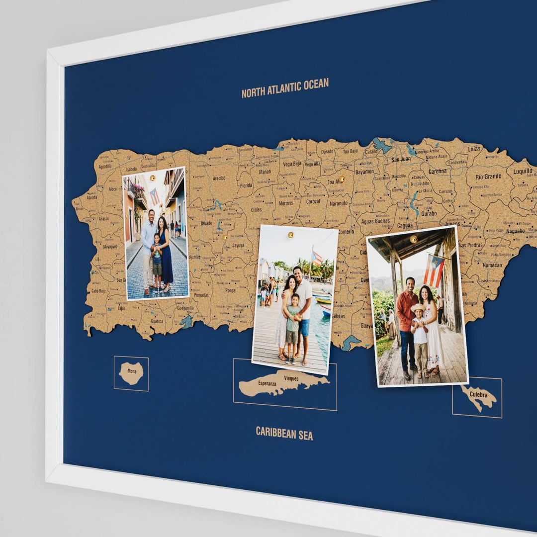 Framed Puerto Rico Cork Wall Map Decor