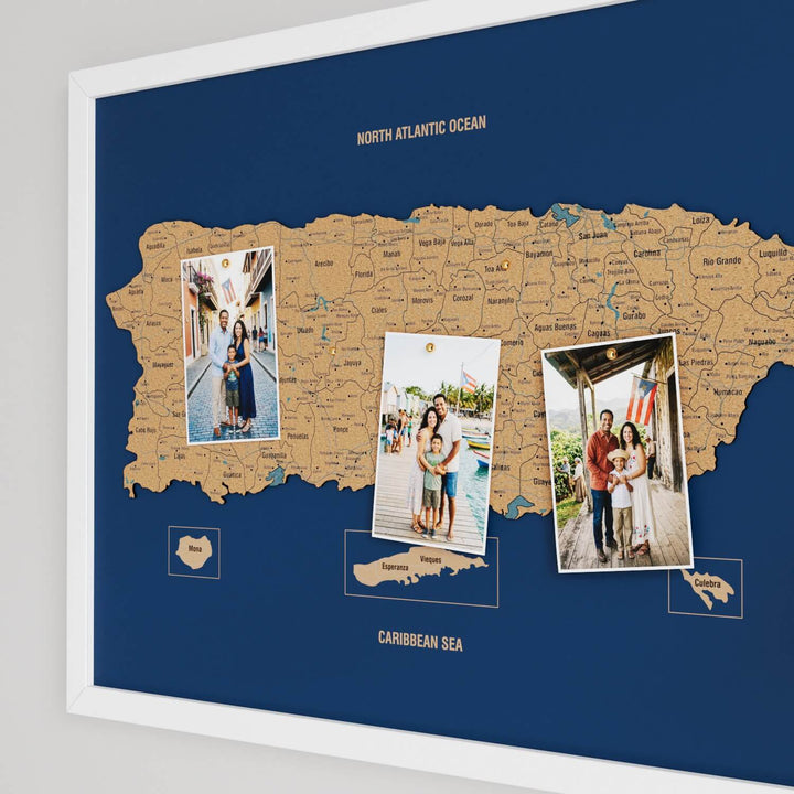 Framed Puerto Rico Cork Wall Map Decor