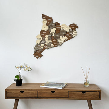 Wooden Catalonia map above a wood console with drawers and an orchid