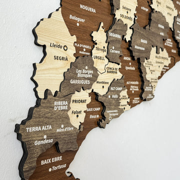 Close-up of Lleida, Terra Alta and Baix Ebre comarcas on the layered wooden Catalonia map