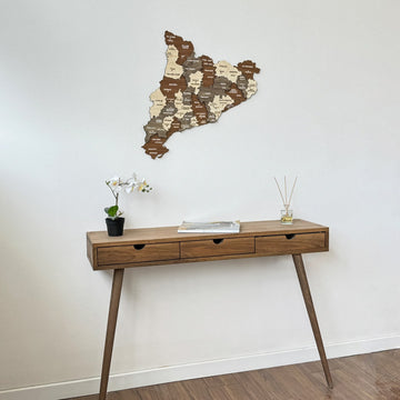 Wooden Catalonia map above a three-drawer console with an orchid, view from the right