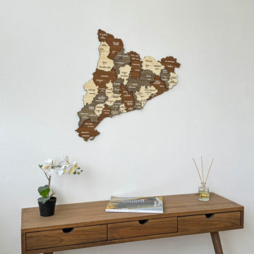 Catalonia wooden wall map above a console with a reed diffuser, tight crop