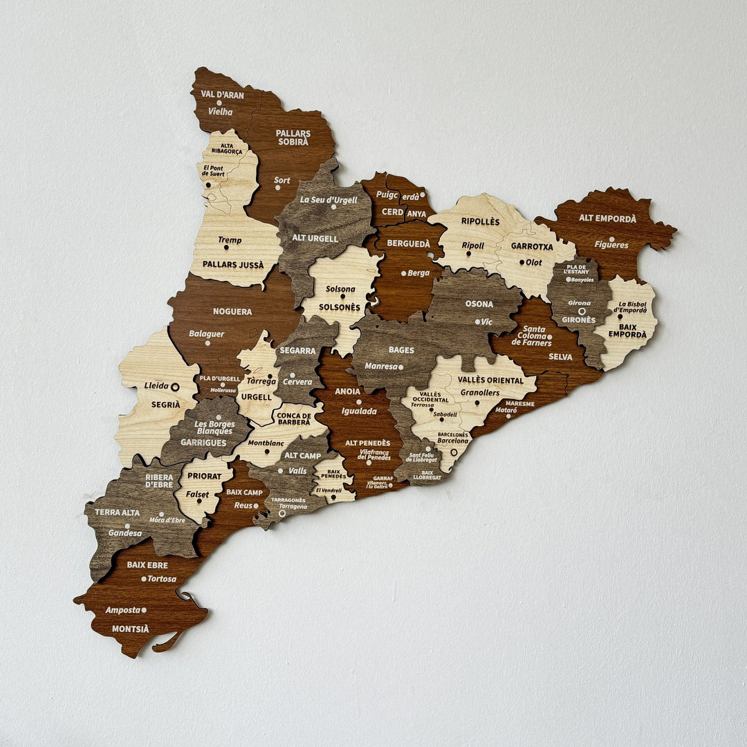Wooden Catalonia wall map with comarca names in brown, cream and gray layers, front view