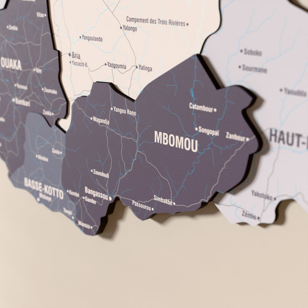 Close-up of the Nimbus Central African Republic wooden wall map with layered regions and printed names