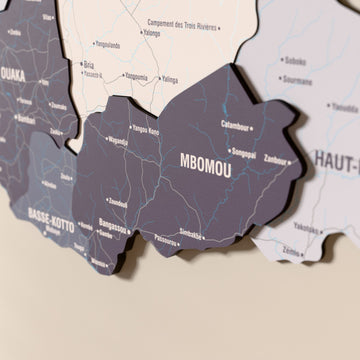 Close-up of the Nimbus Central African Republic wooden wall map with layered regions and printed names