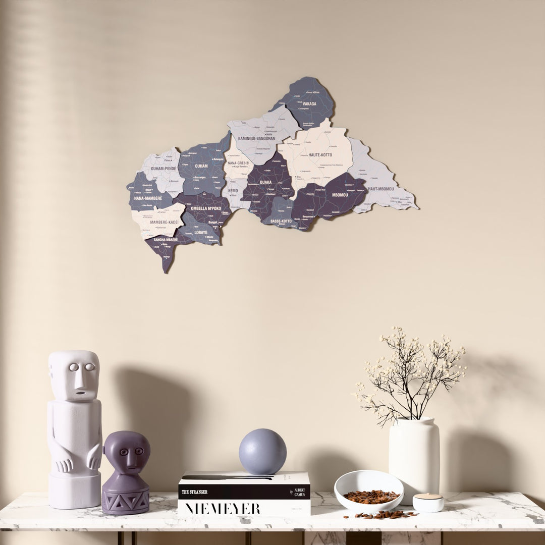 Nimbus Central African Republic wooden wall map above a marble console, front view