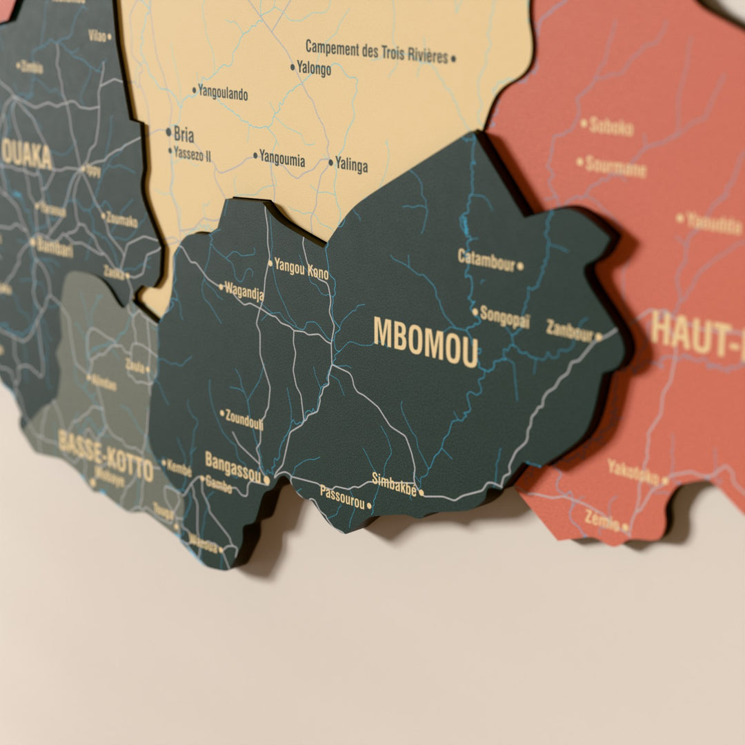 Close-up of the Sage Central African Republic wooden wall map with layered regions and printed names