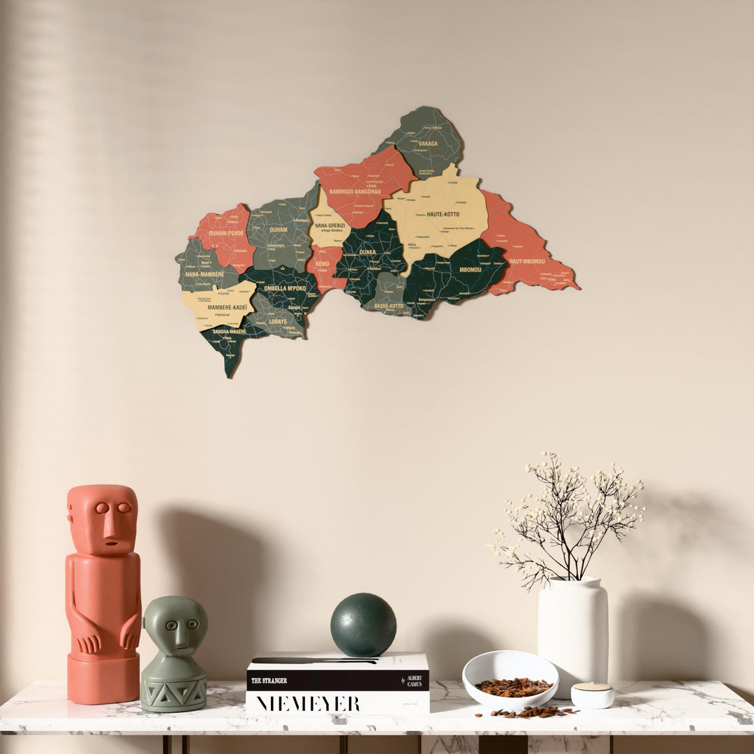 Sage Central African Republic wooden wall map above a marble console, front view