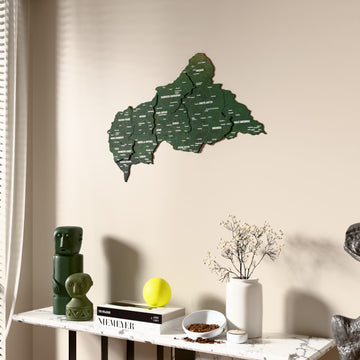 Satellite Central African Republic wooden wall map beside a sheer curtain, angled view