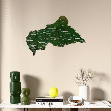 Satellite Central African Republic wooden wall map above a marble console, front view