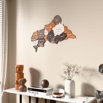 Soil Central African Republic wooden wall map beside a sheer curtain, angled view