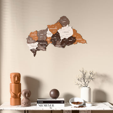 Soil Central African Republic wooden wall map above a marble console, front view