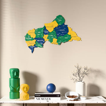 Flag colored Central African Republic wooden wall map above a marble console, front view