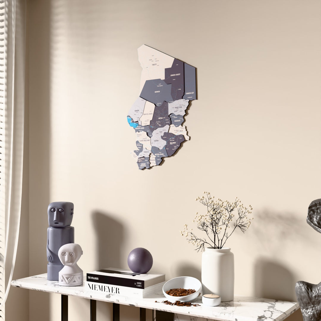 Nimbus Chad wooden wall map beside a sheer curtain, angled view