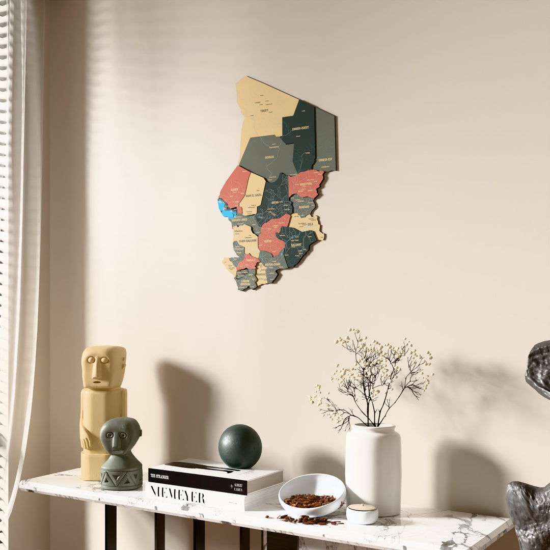 Sage Chad wooden wall map beside a sheer curtain, angled view