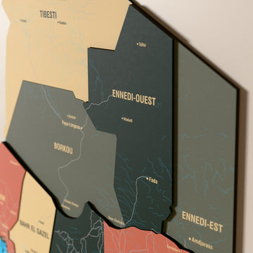 Close-up of the Sage Chad wooden wall map with layered regions and printed names