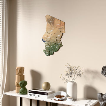 Satellite Chad wooden wall map beside a sheer curtain, angled view