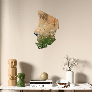 Satellite Chad wooden wall map above a marble console, front view