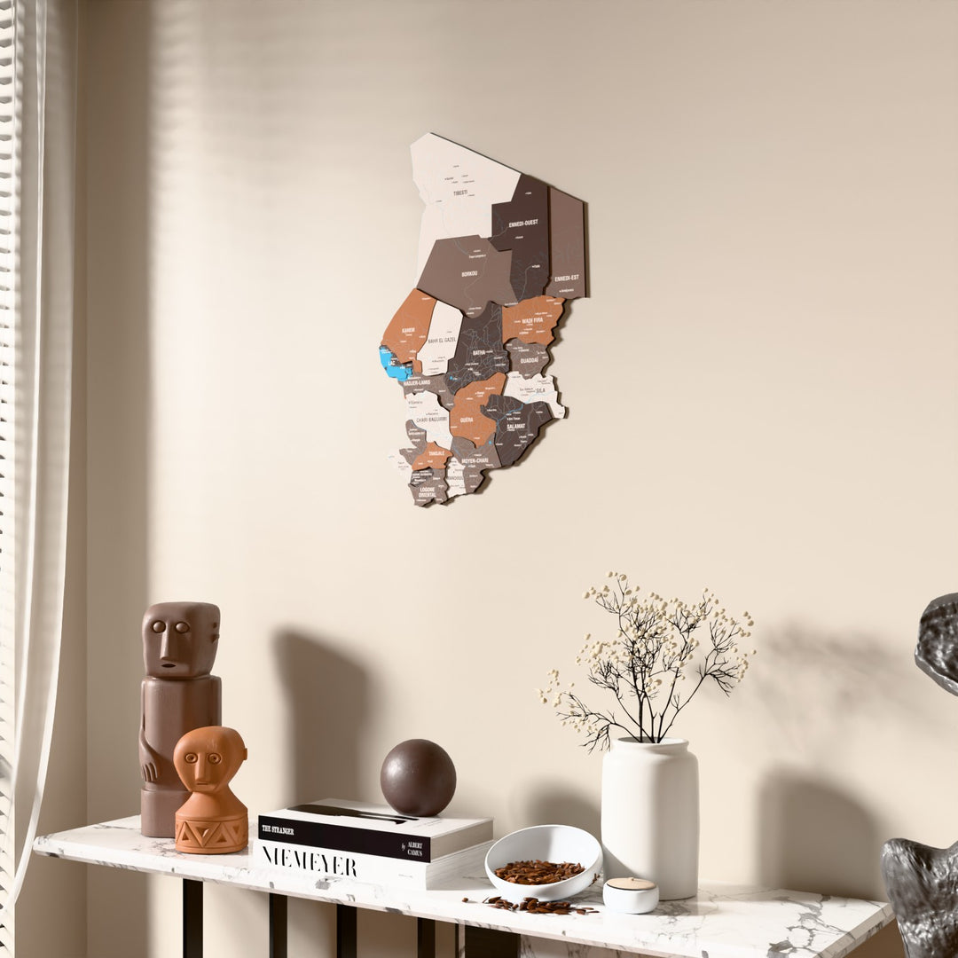 Soil Chad wooden wall map beside a sheer curtain, angled view