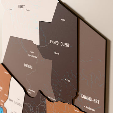 Close-up of the Soil Chad wooden wall map with layered regions and printed names