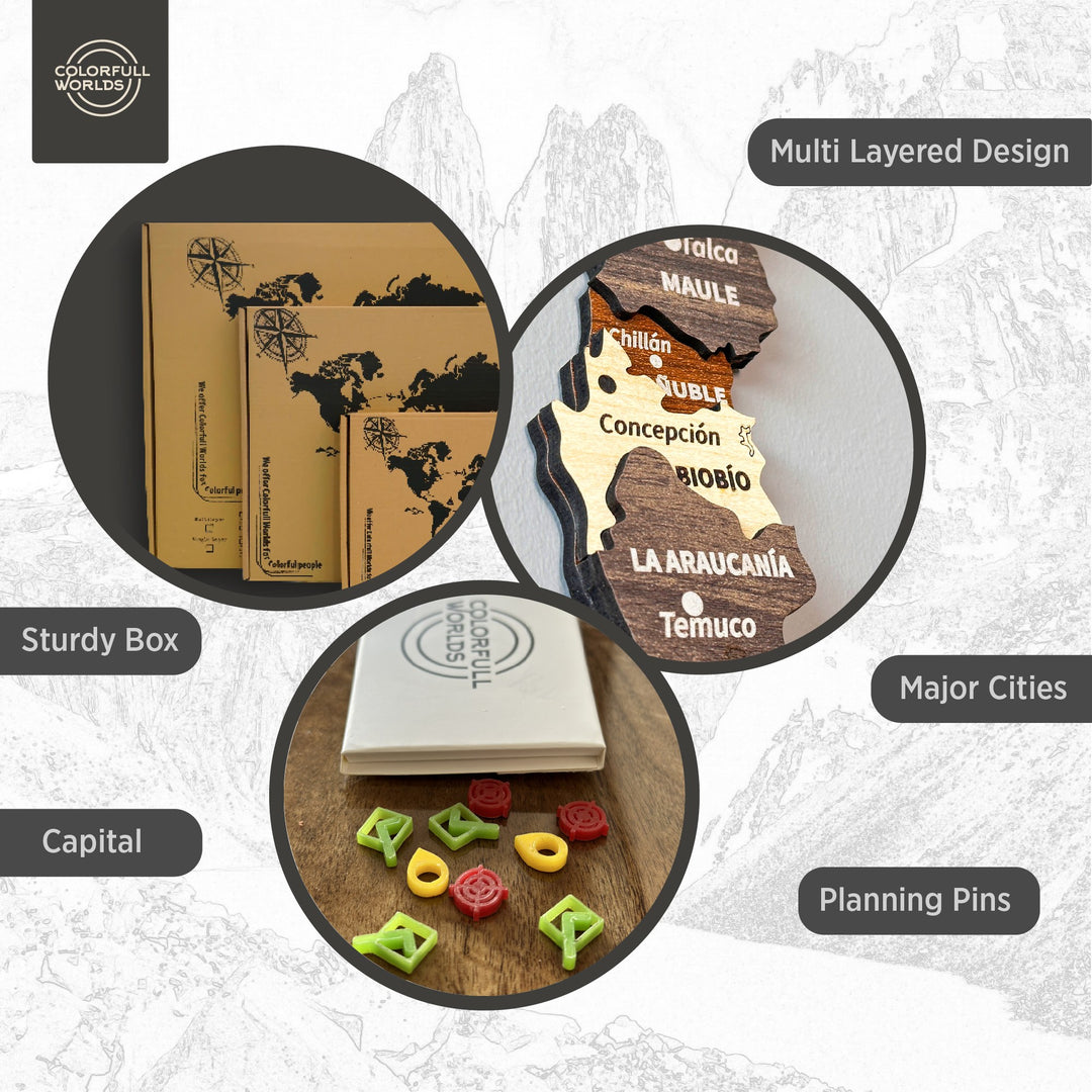 Wooden Chile map features: multi-layered design, capital and major cities, planning pins, sturdy box