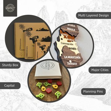 Wooden Chile map features: multi-layered design, capital and major cities, planning pins, sturdy box