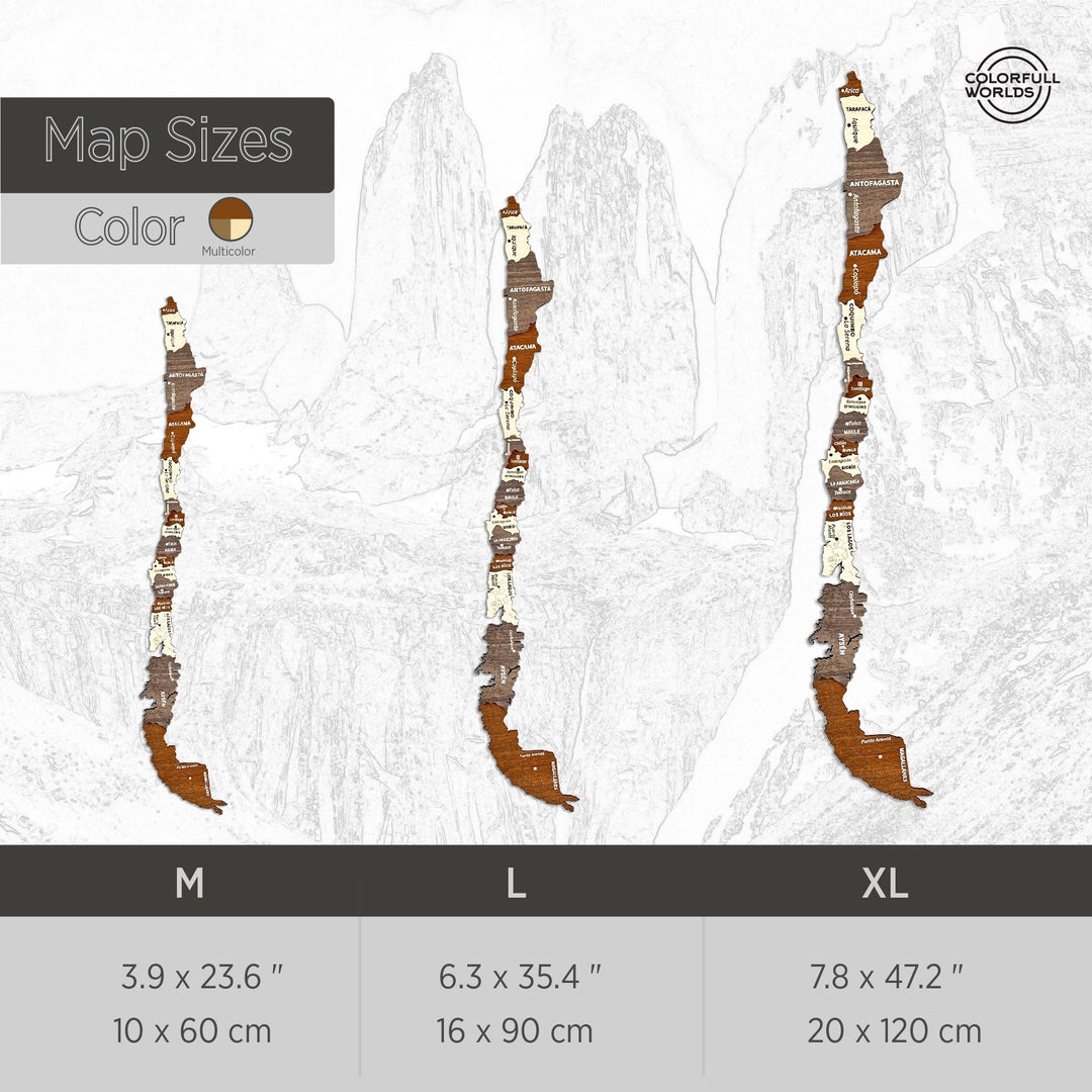 Size chart for the wooden Chile map: M 10 x 60 cm, L 16 x 90 cm, XL 20 x 120 cm