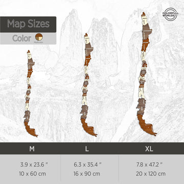 Size chart for the wooden Chile map: M 10 x 60 cm, L 16 x 90 cm, XL 20 x 120 cm