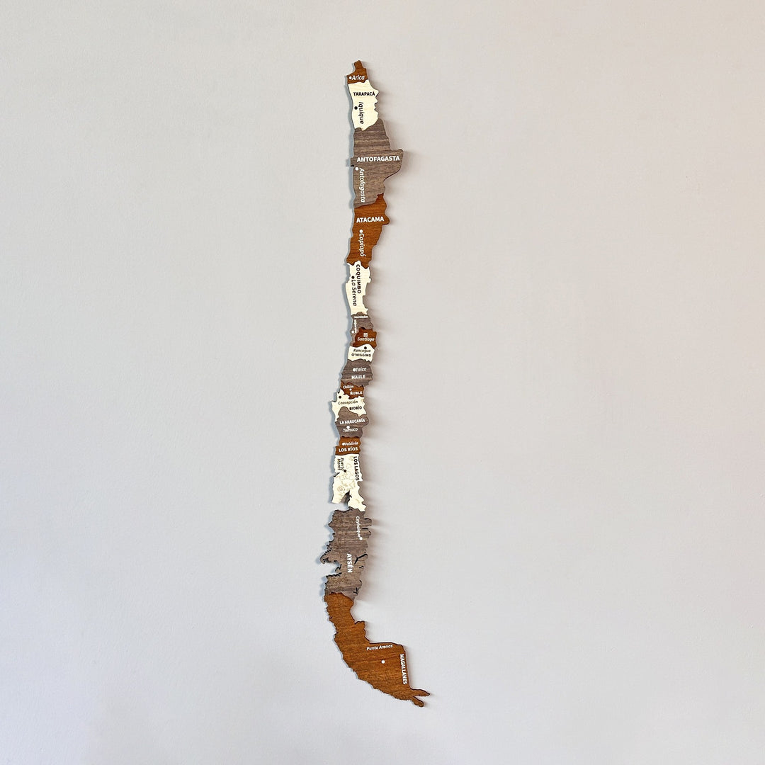 Narrow wooden Chile wall map in brown, cream and gray layers on a white wall, front view