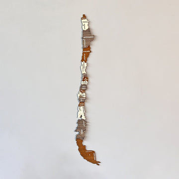 Narrow wooden Chile wall map in brown, cream and gray layers on a white wall, front view