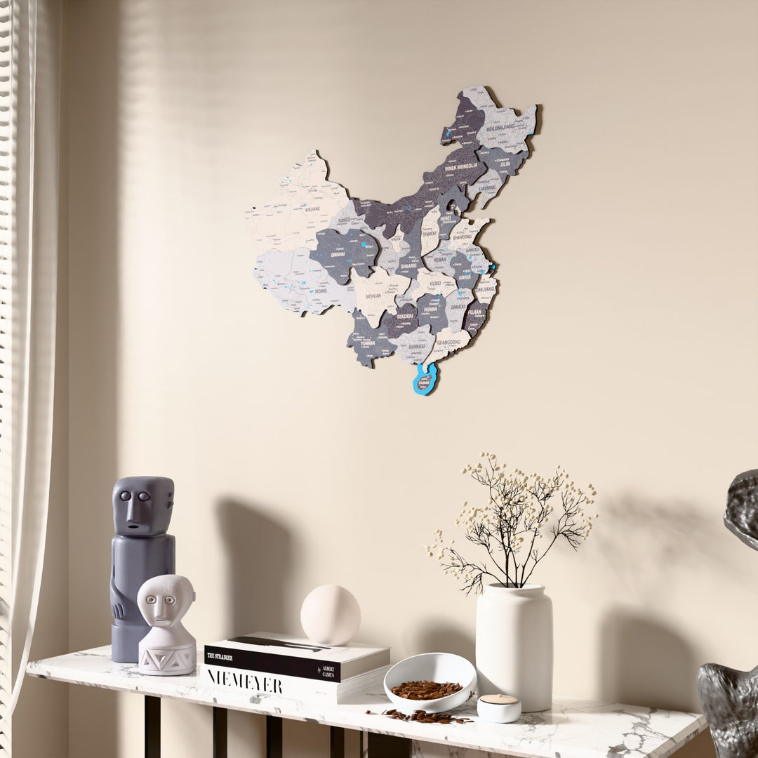 Nimbus China wooden wall map beside a sheer curtain, angled view