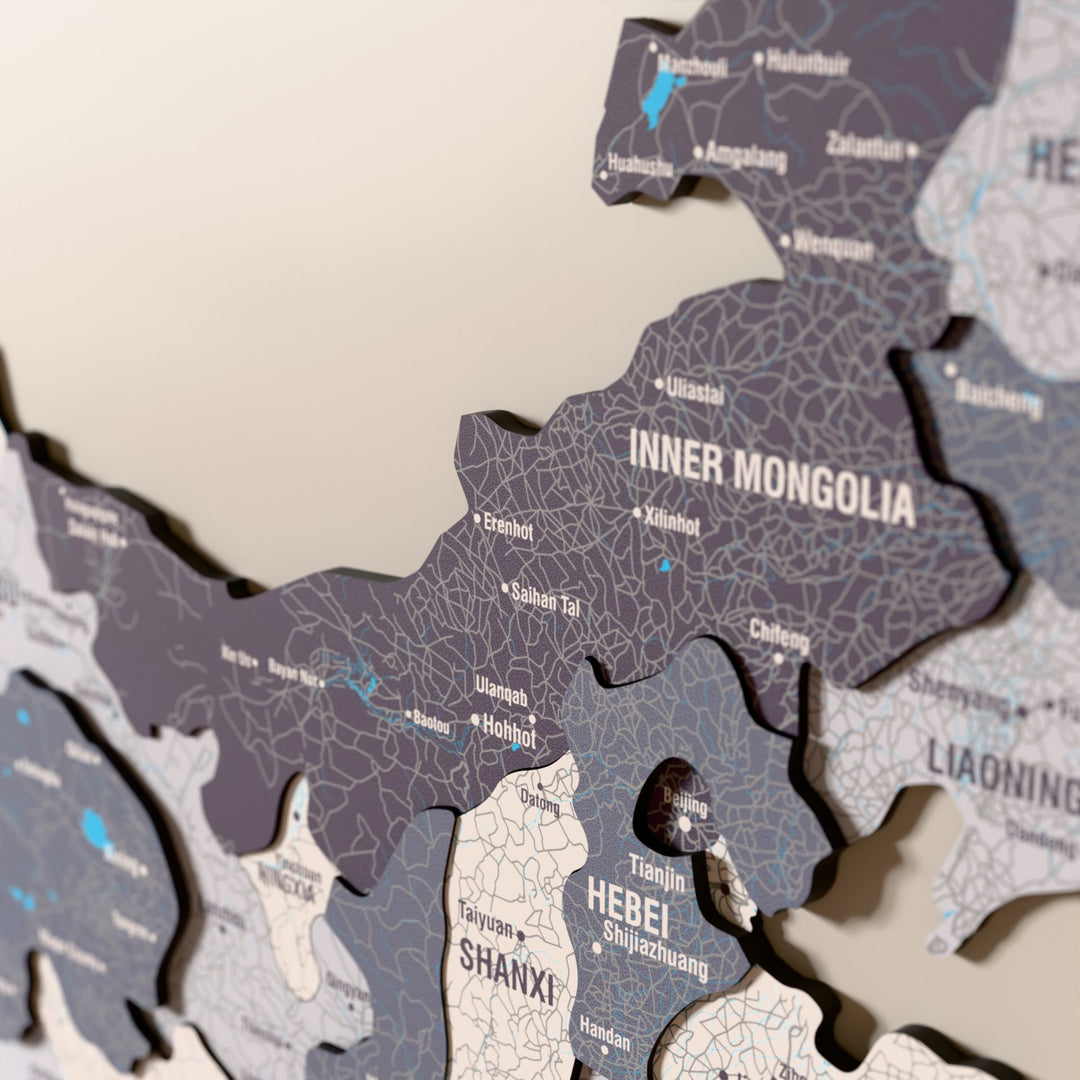 Close-up of the Nimbus China wooden wall map with layered regions and printed names